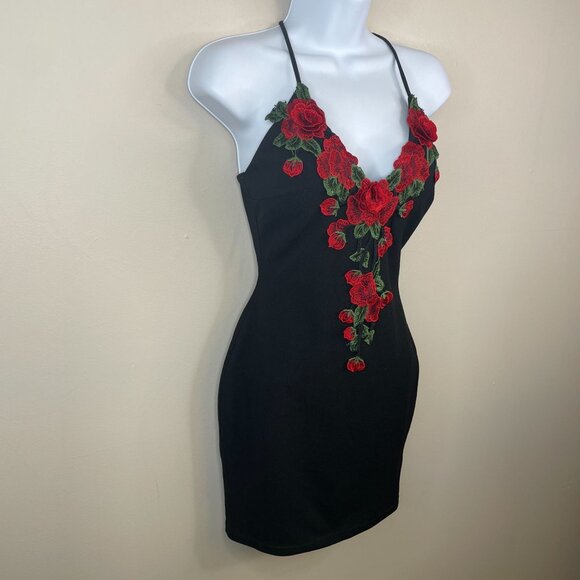 Vintage 90s Vampy Slip Dress Small 3D Floral Gothic Rose Bodycon Party Cocktail - Picture 5 of 11